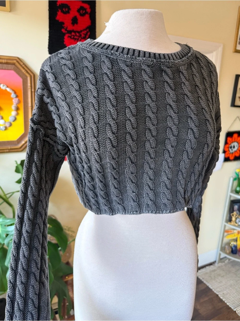 Free People Charcoal Gray Cropped Cable Knit Long Sleeve Cotton Sweater
